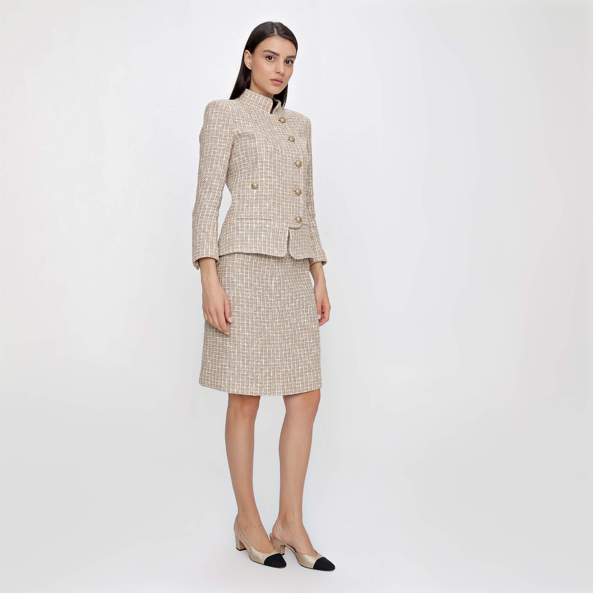 Chanel - Beige and Ecru Cotton Blend Tweed Jacket and Skirt Suit